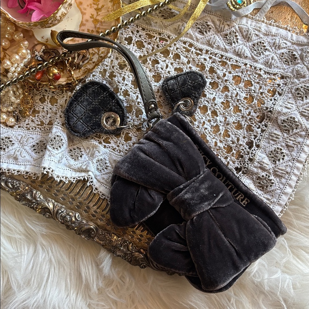 Y2K Juicy Couture Wristlet Vintage Velour Bow Charms Hearts Crest Gray Mini Bag